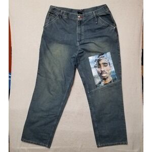 Makaveli Branded Blue Denim Baggy Jeans Tupac Portrait Y2K 90s Hip Hop 40 X‎ 34